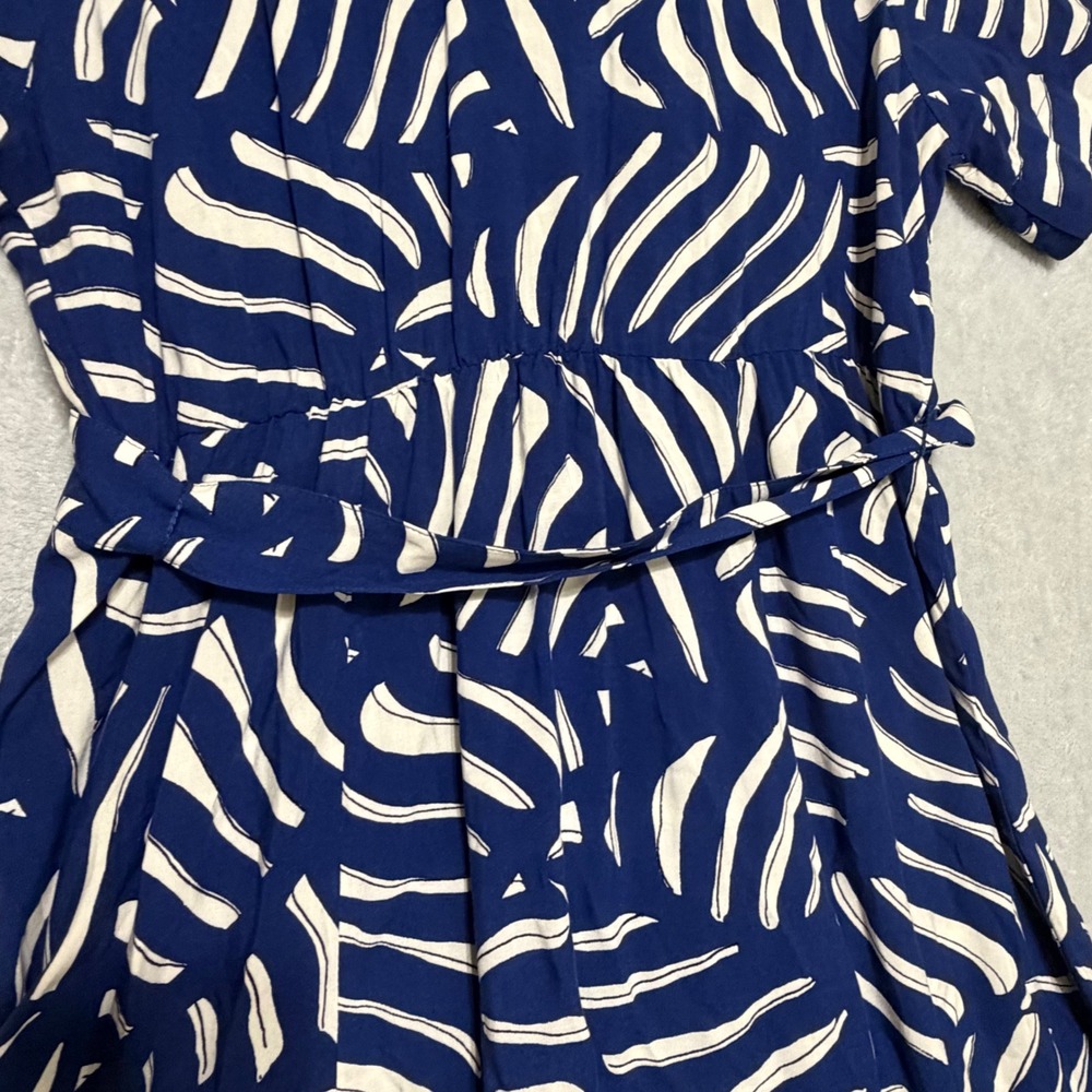 H&M Shirt Dress Women L Blue Leaf Print Short Sleeve Belted Button Front Midi - Picture 5 of 13